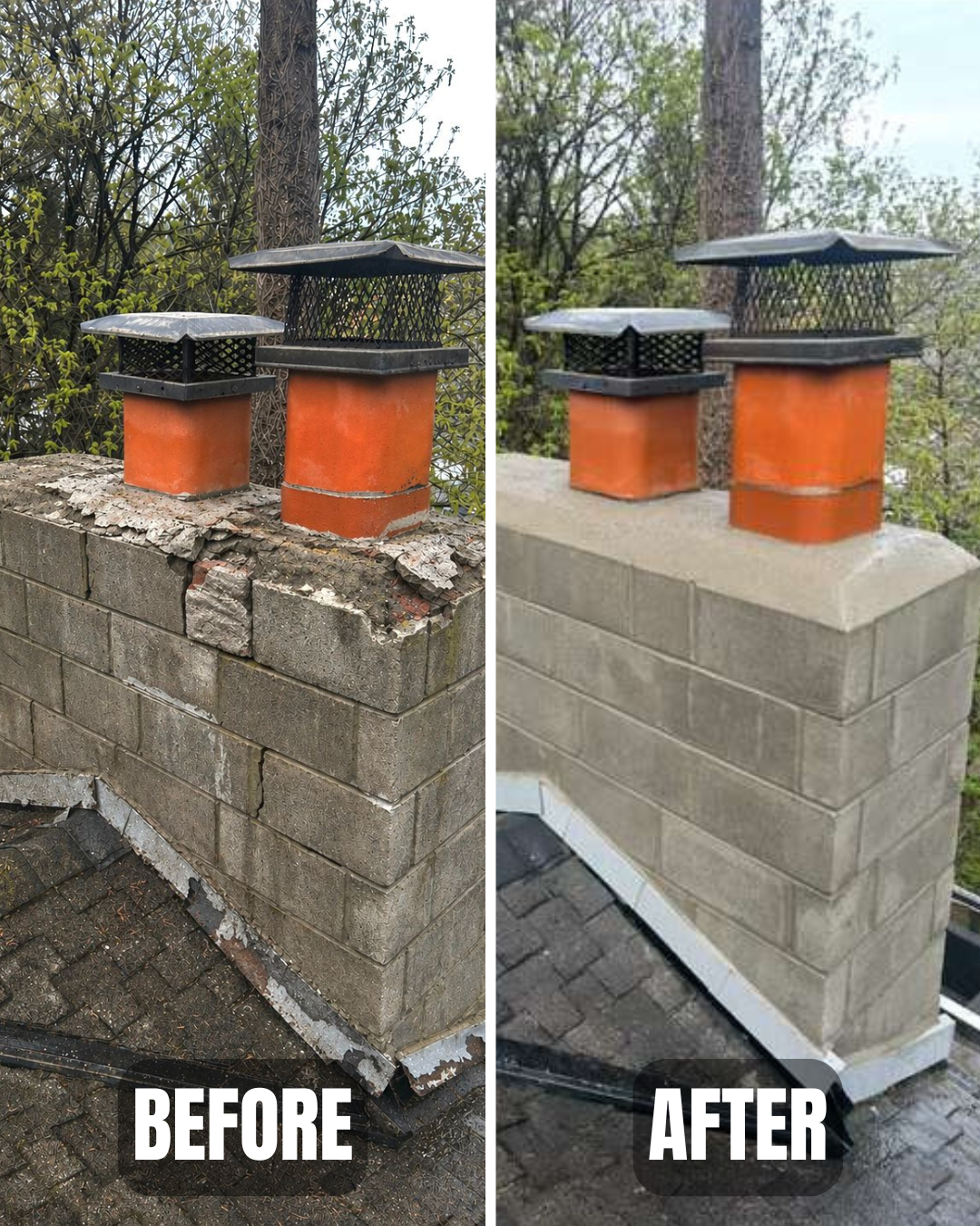 Before and after chimney masonry repair